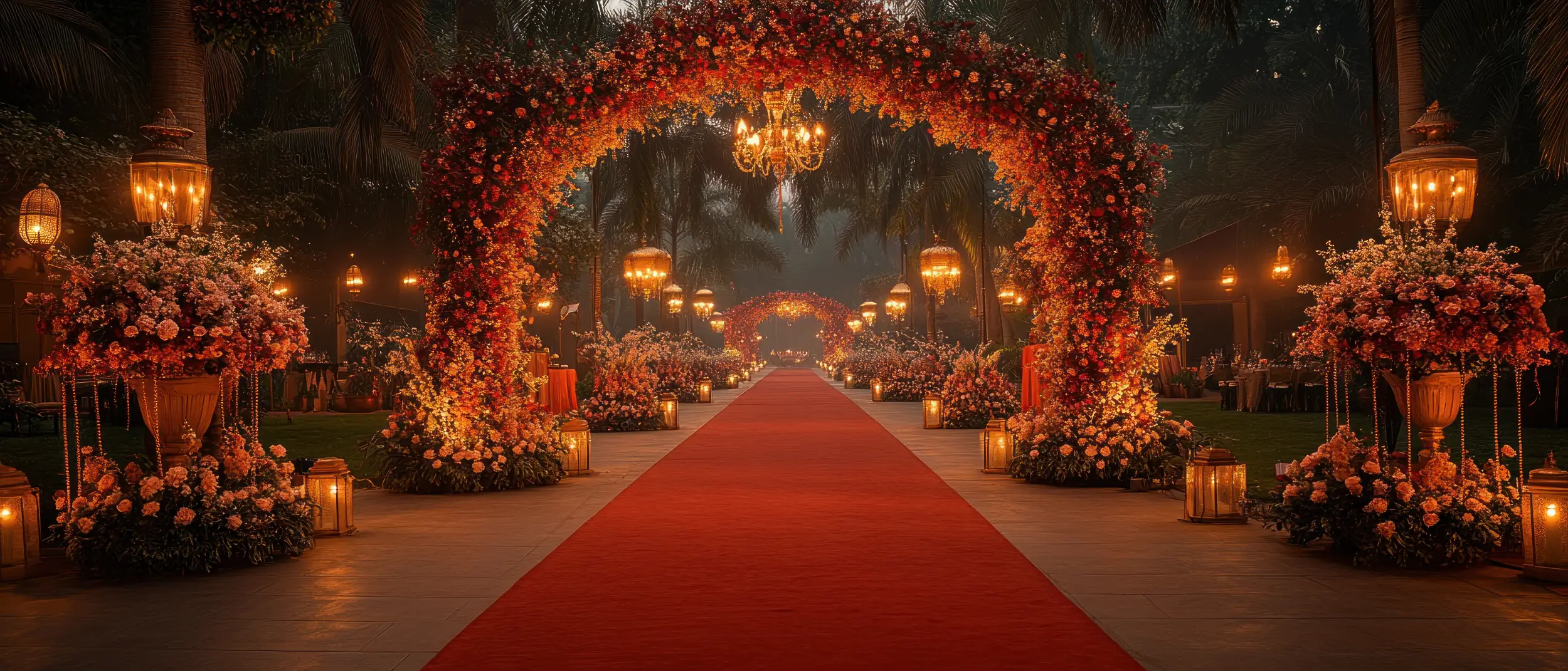 red-carpet-pathway-leading-through-floral-arches-lanterns